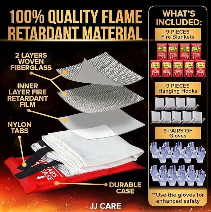 JJ CARE Fire Blanket – 9 Packs with Hooks and Gloves – Emergency Fire Blanket for Home & Kitchen, High Heat Resistant Fire Suppression Blankets for Home Safety, Kitchen, and Camping