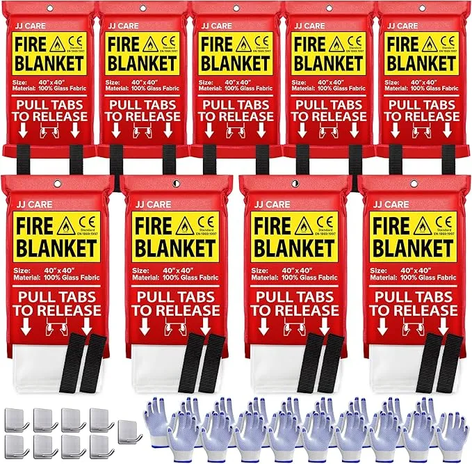 JJ CARE Fire Blanket – 9 Packs with Hooks and Gloves – Emergency Fire Blanket for Home & Kitchen, High Heat Resistant Fire Suppression Blankets for Home Safety, Kitchen, and Camping
