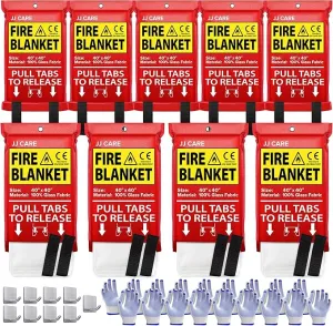 JJ CARE Fire Blanket – 9 Packs with Hooks and Gloves – Emergency Fire Blanket for Home & Kitchen, High Heat Resistant Fire Suppression Blankets for Home Safety, Kitchen, and Camping