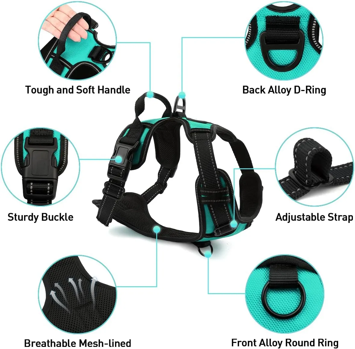 Joytale No Pull Dog Harness Medium Sized Dog, Reflective Pet Vest with Front Clip, Adjustable Soft Padded Harnesses with Easy Control Handle for Training and Walking, Teal, M