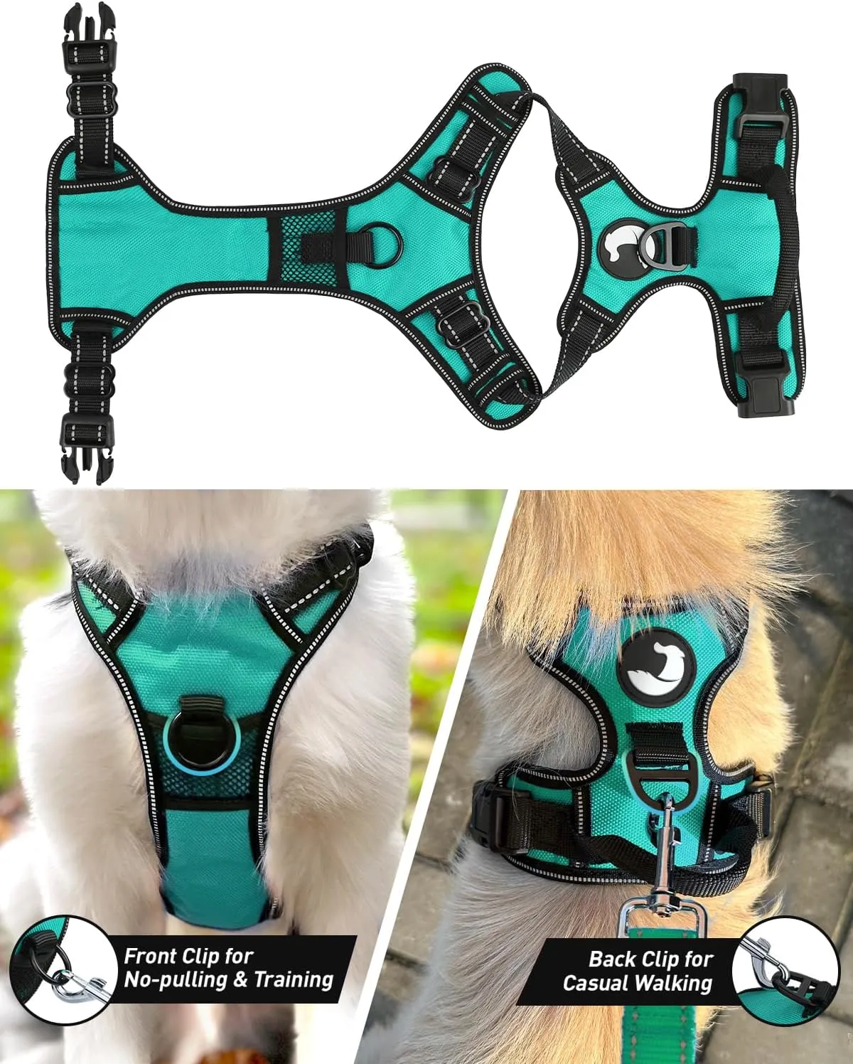 Joytale No Pull Dog Harness Medium Sized Dog, Reflective Pet Vest with Front Clip, Adjustable Soft Padded Harnesses with Easy Control Handle for Training and Walking, Teal, M