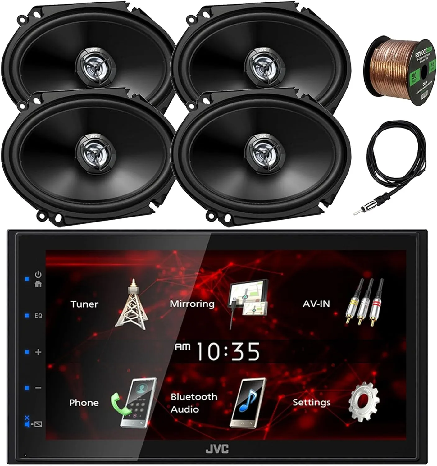 JVC Double DIN in-Dash 6.8" Touchscreen Bluetooth USB Digital Multimedia Car Radio Receiver, 4X 6x8 300 Watt Max Power 2-Way Automotive Audio Speakers, 22" Antenna, 16 Gauge 50 ft Speaker Wire