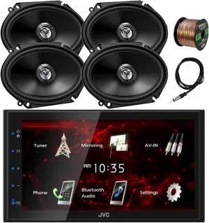 JVC Double DIN in-Dash 6.8" Touchscreen Bluetooth USB Digital Multimedia Car Radio Receiver, 4X 6x8 300 Watt Max Power 2-Way Automotive Audio Speakers, 22" Antenna, 16 Gauge 50 ft Speaker Wire