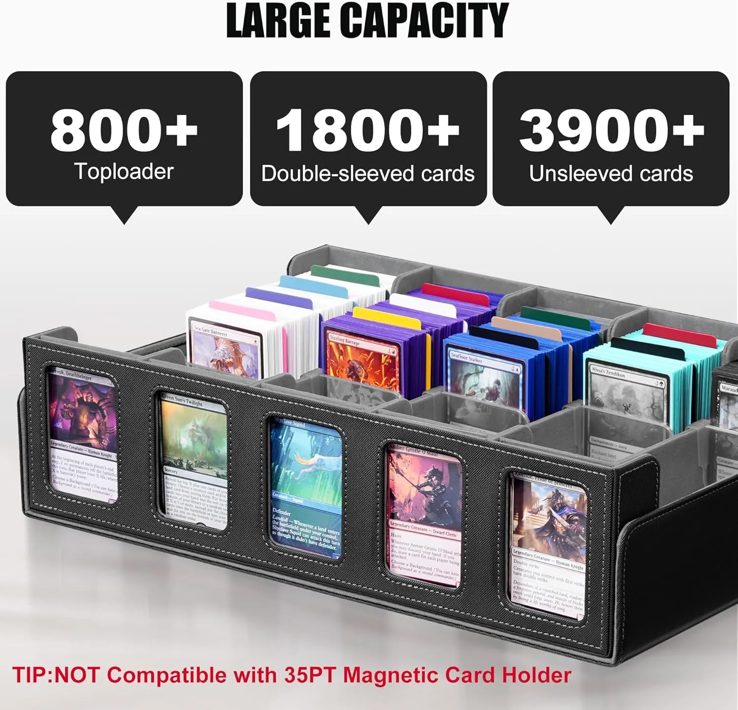 Kabinka Trading Card Storage Box with Commander Display, 5-Row Deck Case with Removable Lid; 3900  Card Deck Box for MTG TCG Sports Cards, 5 Toploaders, 5 Stoppers, 48 Dividers,1 Dice Tray (Black)