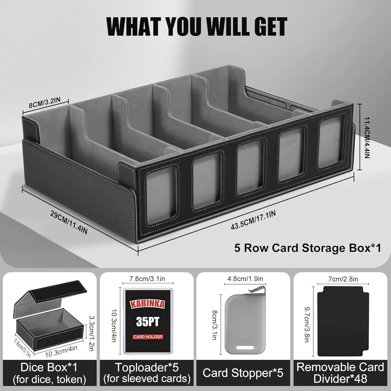 Kabinka Trading Card Storage Box with Commander Display, 5-Row Deck Case with Removable Lid; 3900  Card Deck Box for MTG TCG Sports Cards, 5 Toploaders, 5 Stoppers, 48 Dividers,1 Dice Tray (Black)