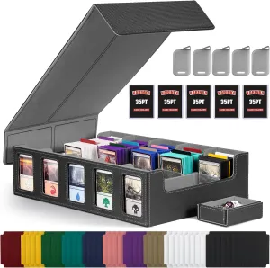 Kabinka Trading Card Storage Box with Commander Display, 5-Row Deck Case with Removable Lid; 3900  Card Deck Box for MTG TCG Sports Cards, 5 Toploaders, 5 Stoppers, 48 Dividers,1 Dice Tray (Black)
