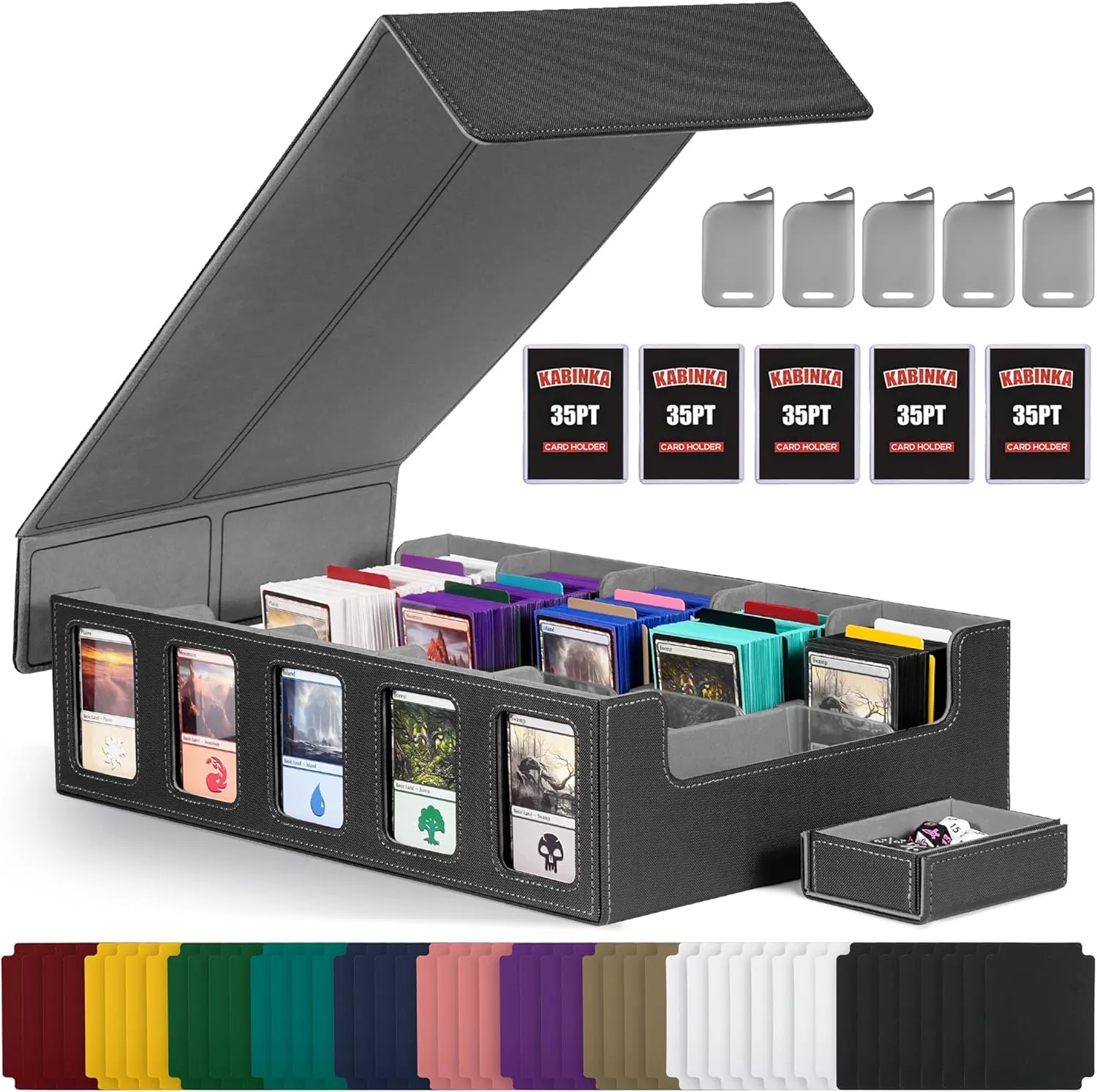Kabinka Trading Card Storage Box with Commander Display, 5-Row Deck Case with Removable Lid; 3900  Card Deck Box for MTG TCG Sports Cards, 5 Toploaders, 5 Stoppers, 48 Dividers,1 Dice Tray (Black)