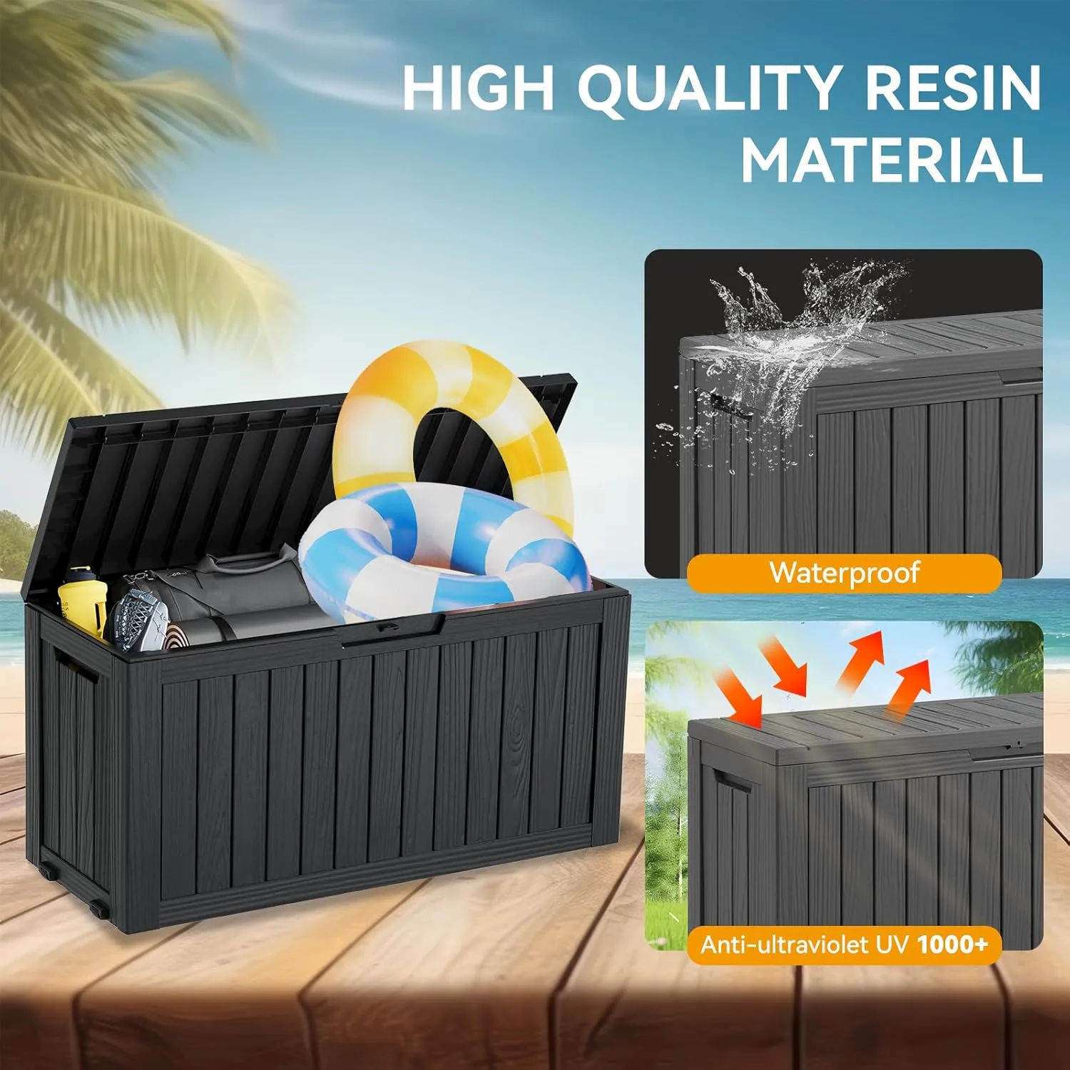 KAMABOKO Deck Box, 72 Gallon Resin Indoor and Outdoor Storage Boxes Waterproof for Garden Tools, Pool Accessories Storage Bench, Patio Furniture and Cushions with Lockable Lid, Black
