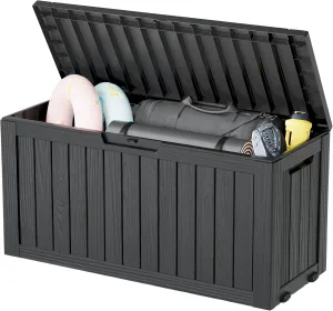 KAMABOKO Deck Box, 72 Gallon Resin Indoor and Outdoor Storage Boxes Waterproof for Garden Tools, Pool Accessories Storage Bench, Patio Furniture and Cushions with Lockable Lid, Black