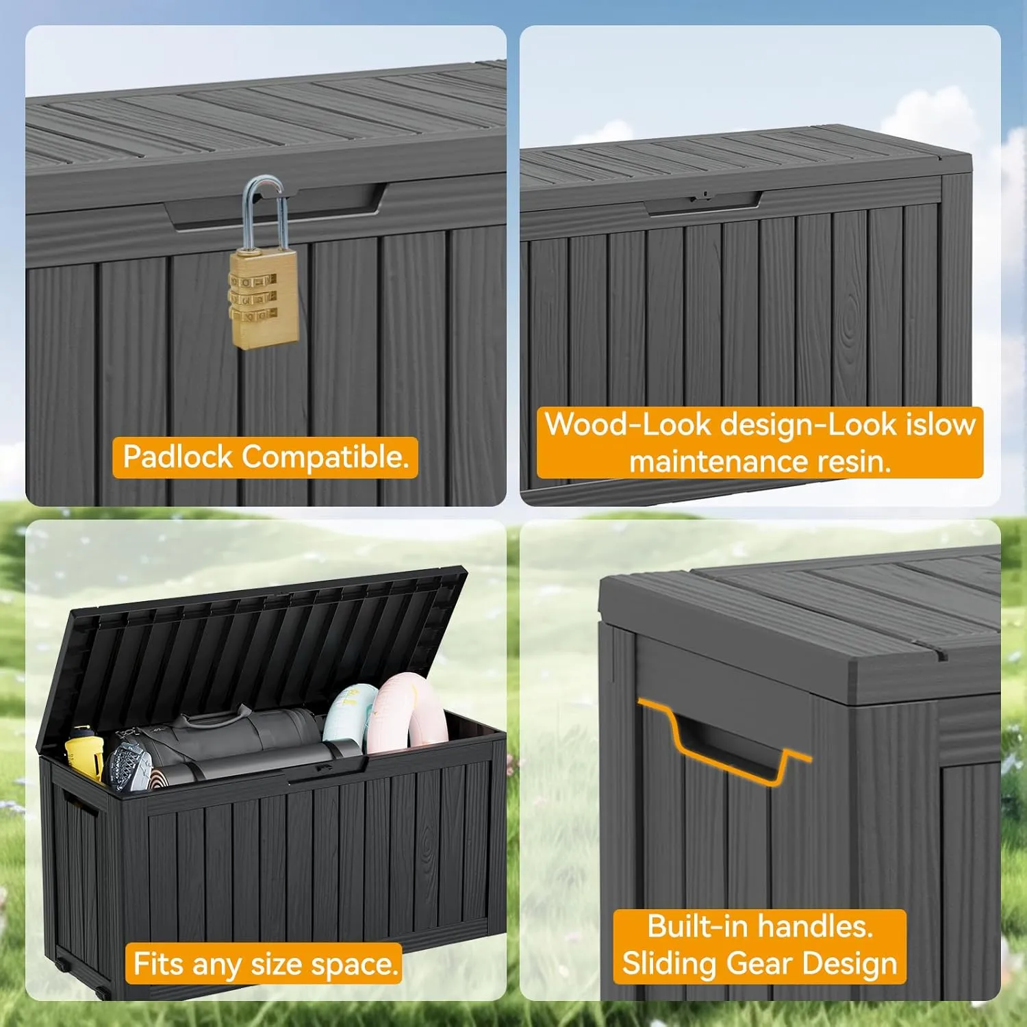 KAMABOKO Deck Box, 72 Gallon Resin Indoor and Outdoor Storage Boxes Waterproof for Garden Tools, Pool Accessories Storage Bench, Patio Furniture and Cushions with Lockable Lid, Black
