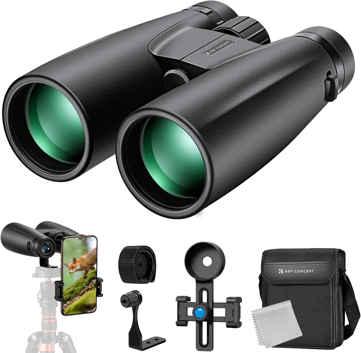 K&F Concept® 12X50 Binoculars Telescope with Smartphone Adapter, Tripod Adapter, Cleaning Cloth, FMC Lens BAK4 Prism for Adults, HD Binoculars for Bird Watching Hunting Hiking Camping Travelling