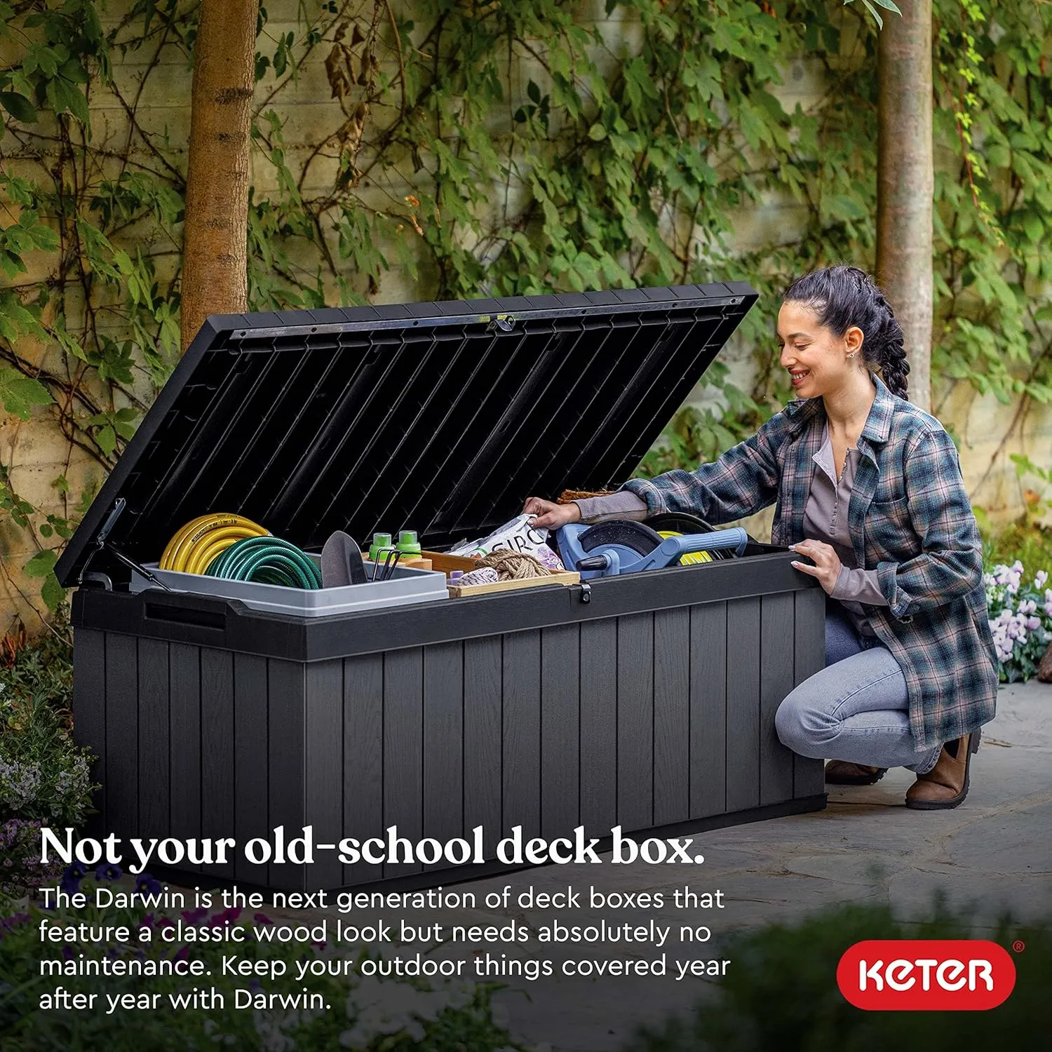 Keter Darwin 100 Gallon Resin Large Deck Box Organization and Storage for Patio Furniture, Outdoor Cushions, Garden Tools, Grey & Black