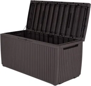 Keter Springwood 80 Gallon Resin Outdoor Storage Box for Patio Furniture Cushions and Garden Tools with Handles, Brown