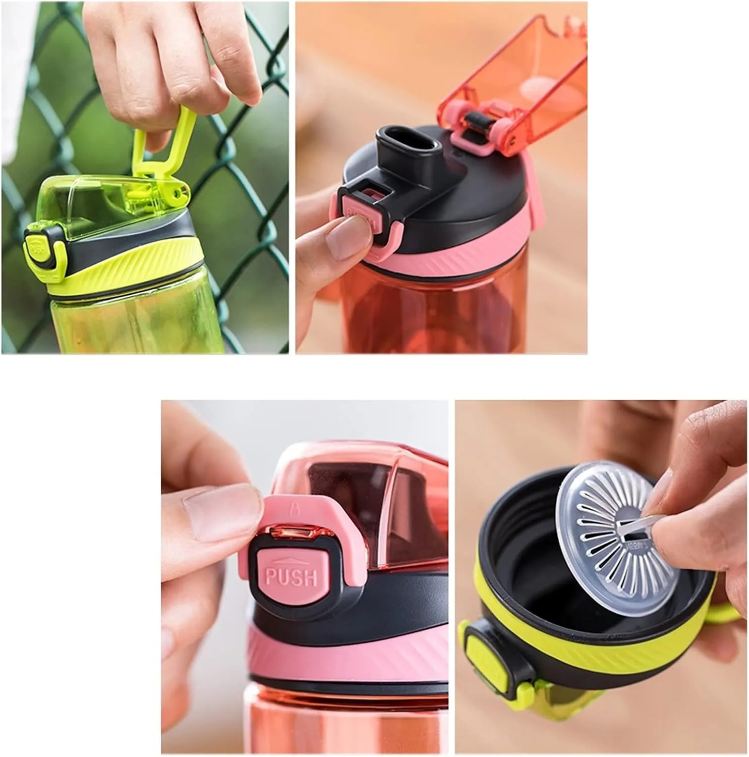 kettles Pink Green Sports Water Bottle with Built-in Handle,Plastic Tea Cups with Removable Filter,Fast Flow,Portable,Leak proof canteen(A,Large)