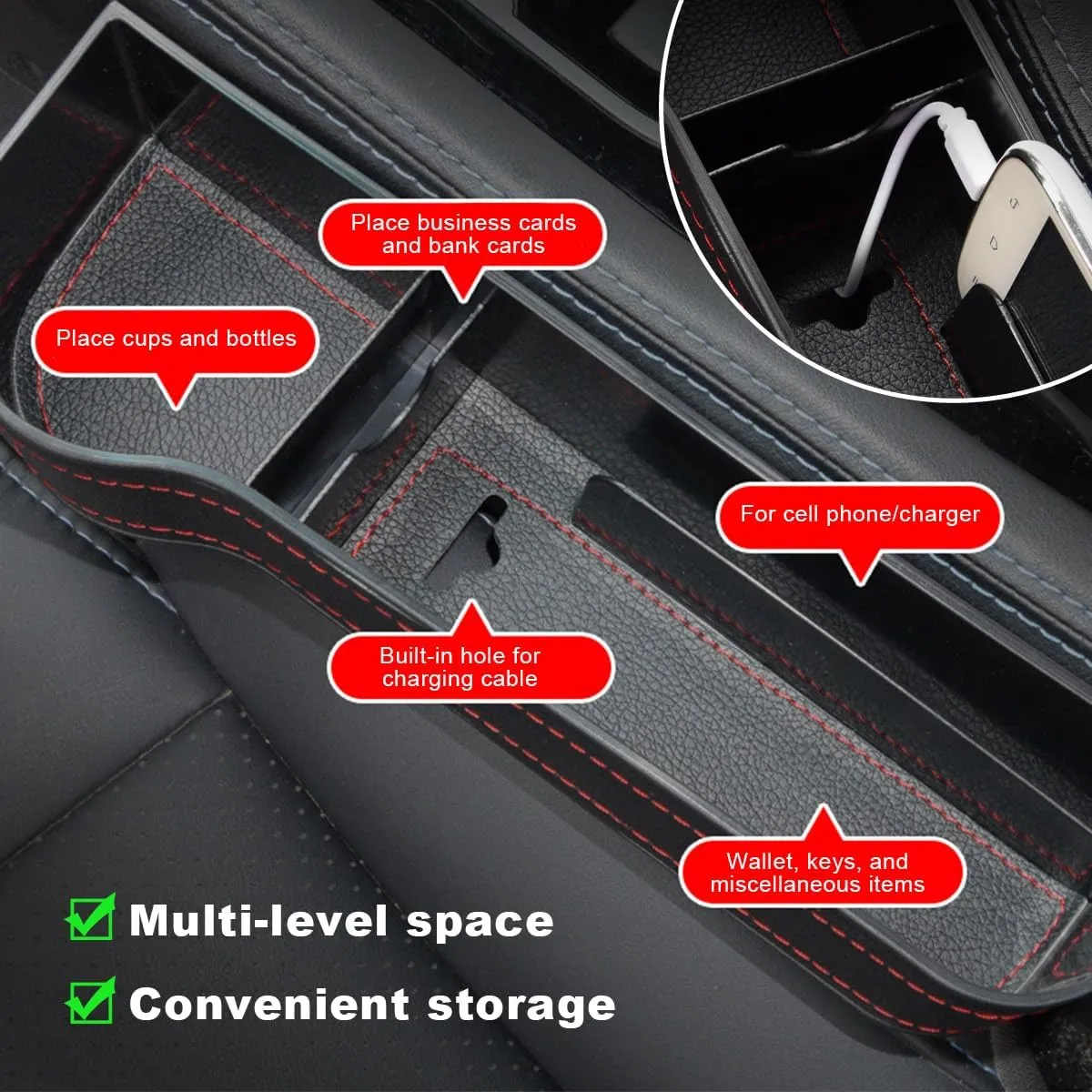 Kewucn Car Seat Gap Filler Organizer, Multifunctional Auto Console Side Storage Box with Cup Holder, Leather Front Seat Organizer for Holding Phone Sunglasses, Car Accessories (Red)