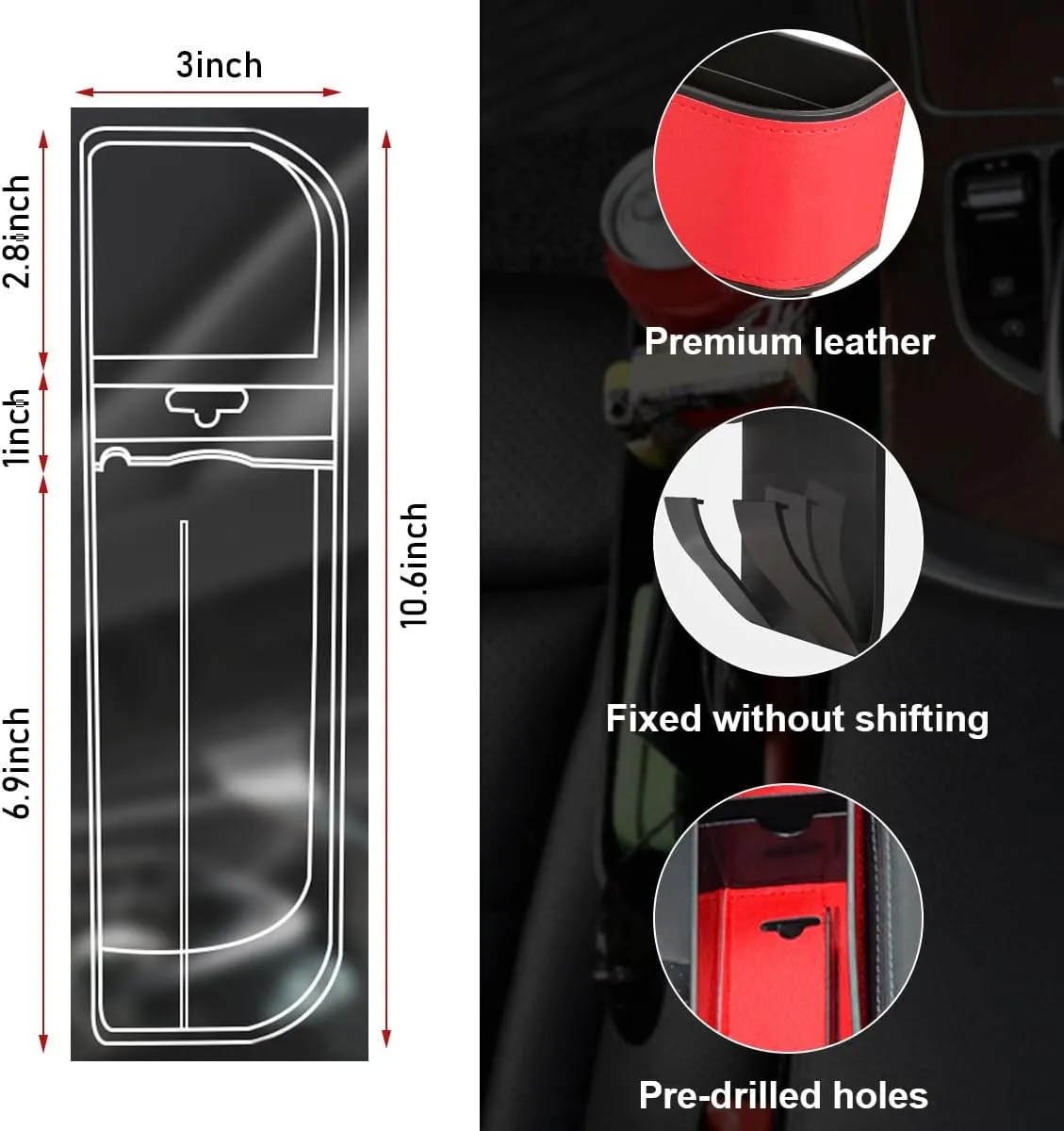 Kewucn Car Seat Gap Filler Organizer, Multifunctional Auto Console Side Storage Box with Cup Holder, Leather Front Seat Organizer for Holding Phone Sunglasses, Car Accessories (Red)