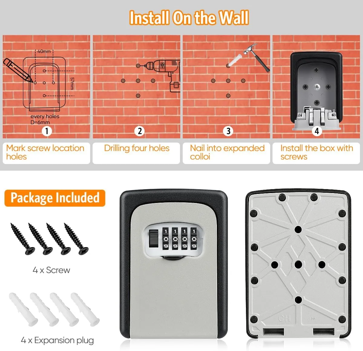 Key Lock Box Wall Mounted, Fayleeko 4 Digit Combination Lockbox for Outside, House Keys - 5 Keys Capacity, Key Safe Security Storage Lock Box for Indoor, Outdoor, Garage, Garden, Store (Grey, 1Pack)