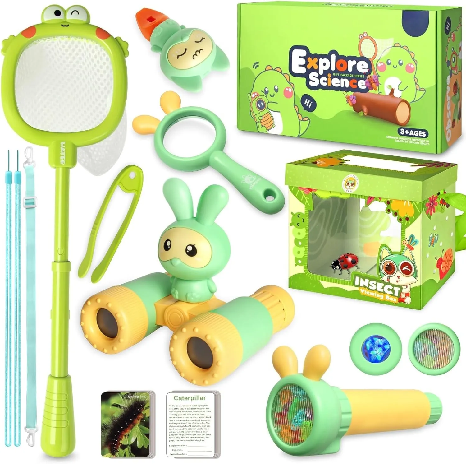 Kids Bug Catcher & Outdoor Explorer Kit - 8-in-1 Cute Design Set with Binoculars, Butterfly Net, Flashlight, Magnifying Glass, Insect Box, Backyard Camping Nature Adventure Toys for Boys Girls
