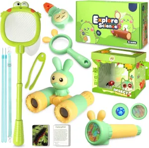 Kids Bug Catcher & Outdoor Explorer Kit - 8-in-1 Cute Design Set with Binoculars, Butterfly Net, Flashlight, Magnifying Glass, Insect Box, Backyard Camping Nature Adventure Toys for Boys Girls