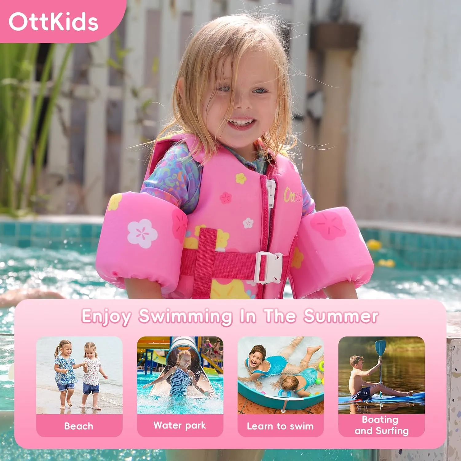Kids Swim Vest Toddler Floaties Fit 20-44 Lbs Boys and Girls,Kids Swimming Training Vest Adjustable Safety Strap,Toddler Swim Vests with Shoulder Harness Arm Wings for Age 1-6 Years