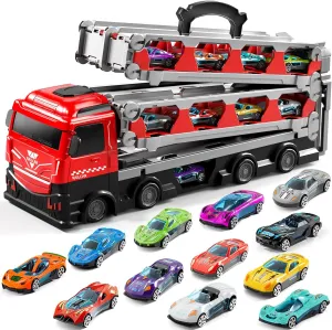 Kids Truck Toy for Boys Age 3-8, Carrier Racing Track Playset, Transport Car Truck with 12 Die-cast Racing Cars Toys, Boys Toys for 3 4 5 6 7 8 Years Old, Toddler Gifts Age 3-5 4-7 (Red)