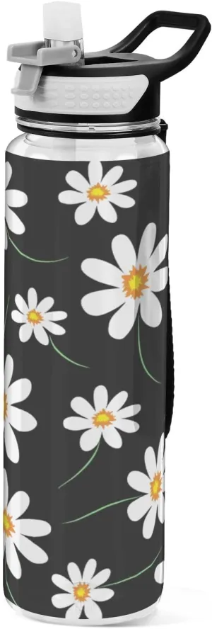 Kigai 32OZ Black Daisy Water Bottle,Reusable Sports Water Bottle with Straw and Lids, BPA Free Leak-proof Wide Mouth Bottle for Office,Fitness,Outdoor Activities