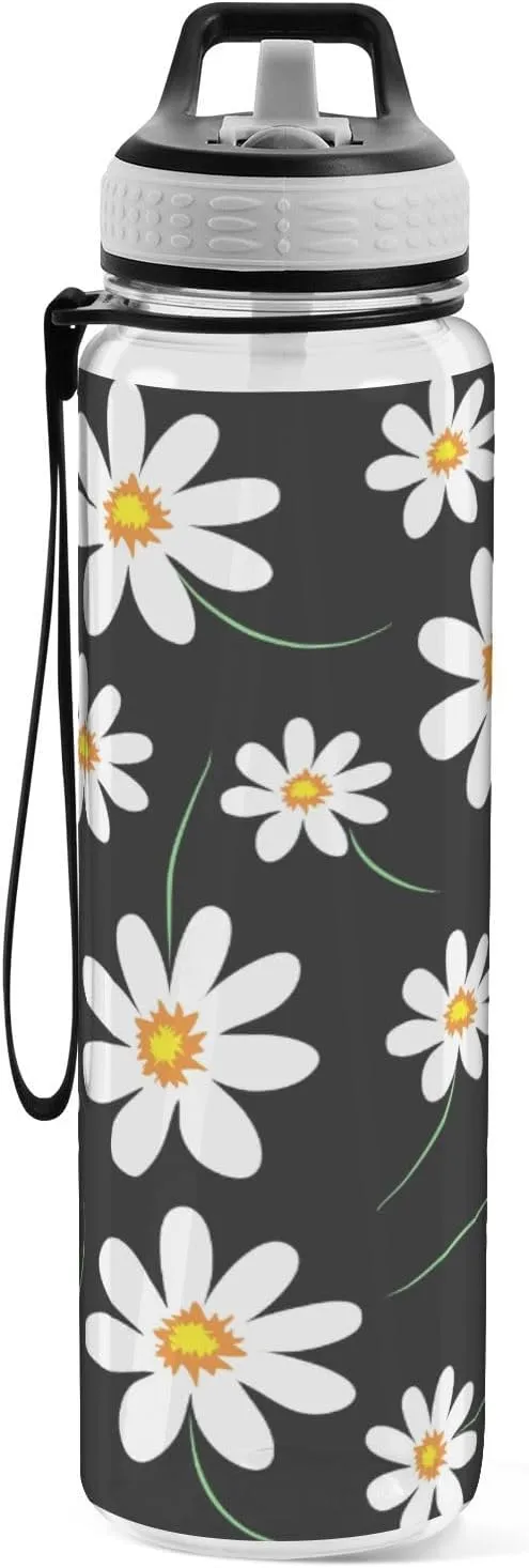 Kigai 32OZ Black Daisy Water Bottle,Reusable Sports Water Bottle with Straw and Lids, BPA Free Leak-proof Wide Mouth Bottle for Office,Fitness,Outdoor Activities
