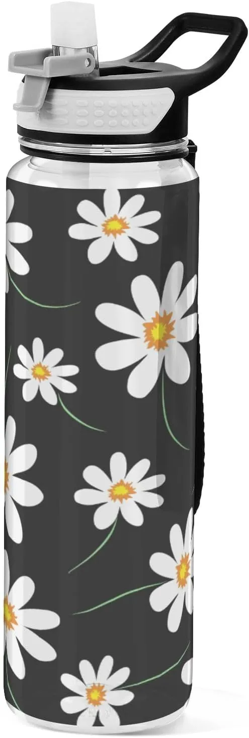 Kigai 32OZ Black Daisy Water Bottle,Reusable Sports Water Bottle with Straw and Lids, BPA Free Leak-proof Wide Mouth Bottle for Office,Fitness,Outdoor Activities
