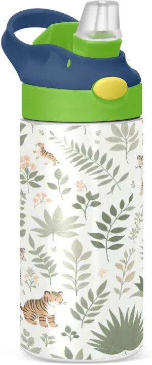 Kigai Jungle Plants Kids Water Bottle, Stainless Steel Vacuum Insulated Water Bottle with Straw Lid, Leak-Proof Sport Bottle for School or Travel, 12 oz