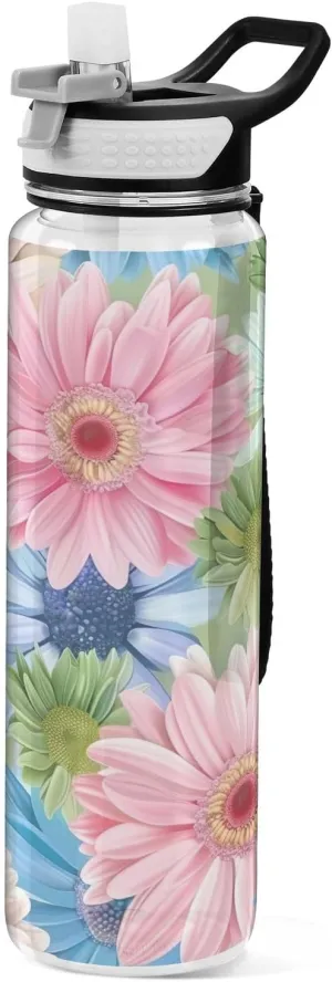 Kigai Transparent Sports Water Bottle 32oz, Colorful Daisy Leakproof Wide Mouth Water Bottle with Straw, BPA Free Water Jug with Detachable Strap & Handle for Fitness Gym Outdoor