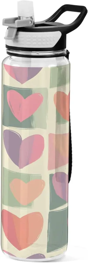 Kigai Transparent Sports Water Bottle 32oz, Colorful Hearts Leakproof Wide Mouth Water Bottle with Straw, BPA Free Water Jug with Detachable Strap & Handle for Fitness Gym Outdoor