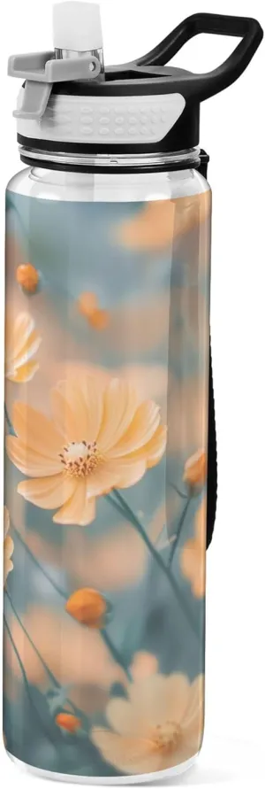 Kigai Transparent Sports Water Bottle 32oz, Daisy Flowers Leakproof Wide Mouth Water Bottle with Straw, BPA Free Water Jug with Detachable Strap & Handle for Fitness Gym Outdoor