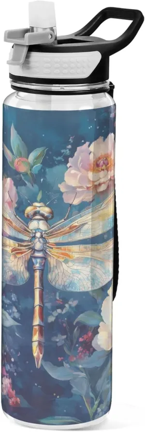 Kigai Transparent Sports Water Bottle 32oz, Dragonfly Flowers Leakproof Wide Mouth Water Bottle with Straw, BPA Free Water Jug with Detachable Strap & Handle for Fitness Gym Outdoor