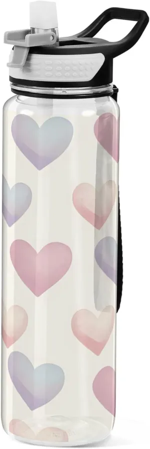 Kigai Transparent Sports Water Bottle 32oz, Hearts Leakproof Wide Mouth Water Bottle with Straw, BPA Free Water Jug with Detachable Strap & Handle for Fitness Gym Outdoor