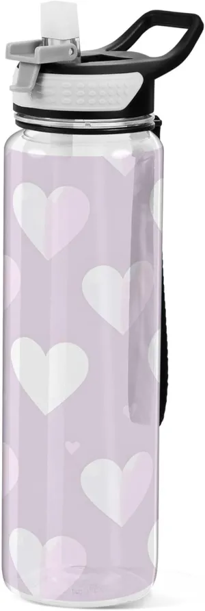 Kigai Transparent Sports Water Bottle 32oz, Light Hearts Leakproof Wide Mouth Water Bottle with Straw, BPA Free Water Jug with Detachable Strap & Handle for Fitness Gym Outdoor