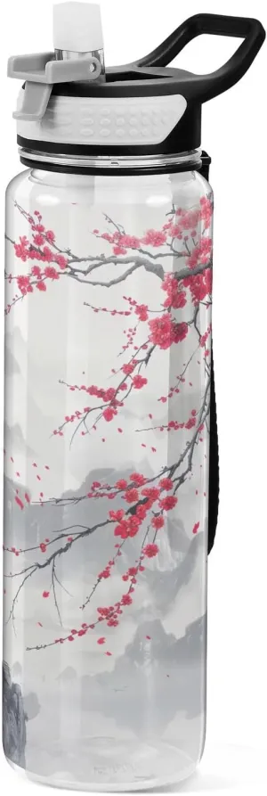Kigai Transparent Sports Water Bottle 32oz, Mountain Ink Painting Leakproof Wide Mouth Water Bottle with Straw, BPA Free Water Jug with Detachable Strap & Handle for Fitness Gym Outdoor