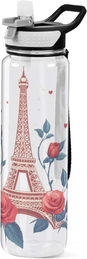Kigai Transparent Sports Water Bottle 32oz, Paris Towel Rose Leakproof Wide Mouth Water Bottle with Straw, BPA Free Water Jug with Detachable Strap & Handle for Fitness Gym Outdoor