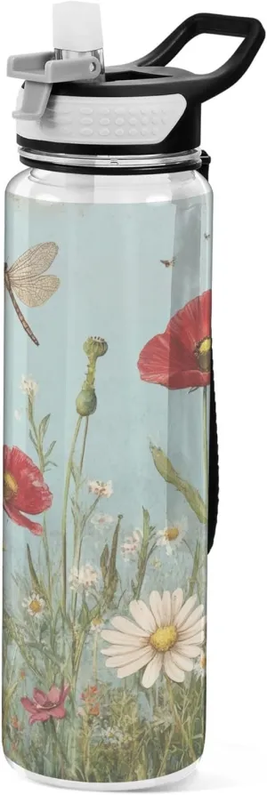 Kigai Transparent Sports Water Bottle 32oz, Retro Wildflowers Leakproof Wide Mouth Water Bottle with Straw, BPA Free Water Jug with Detachable Strap & Handle for Fitness Gym Outdoor