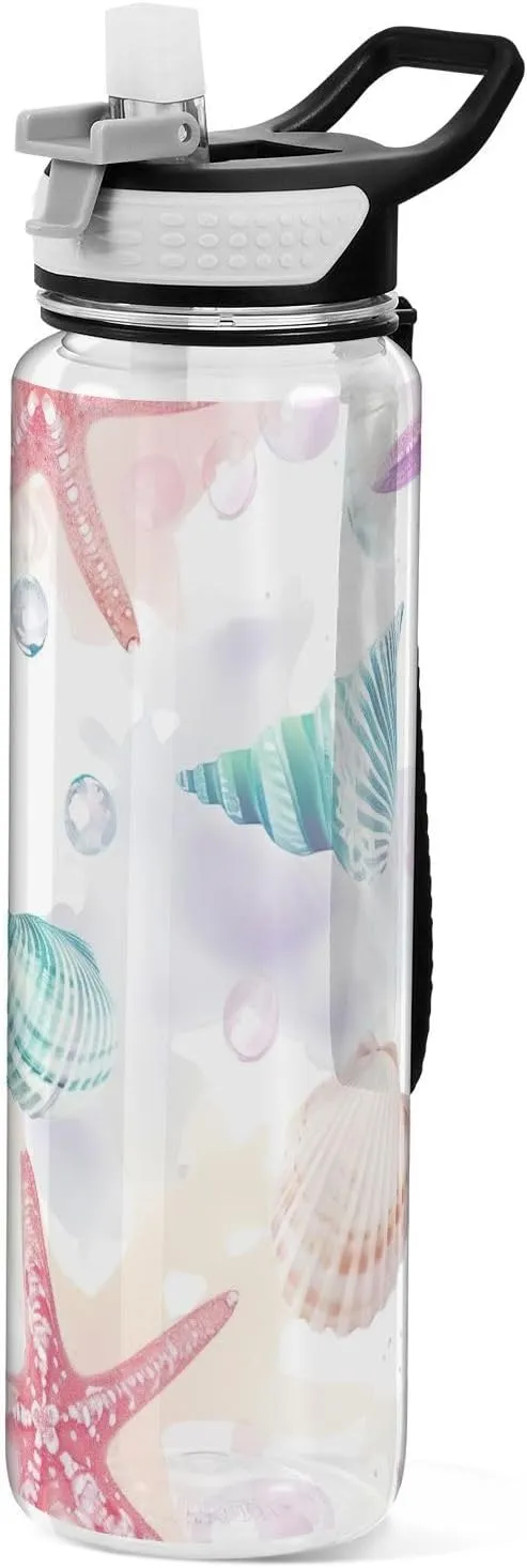 Kigai Transparent Sports Water Bottle 32oz, Seashell Starfish Leakproof Wide Mouth Water Bottle with Straw, BPA Free Water Jug with Detachable Strap & Handle for Fitness Gym Outdoor