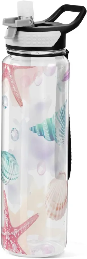 Kigai Transparent Sports Water Bottle 32oz, Seashell Starfish Leakproof Wide Mouth Water Bottle with Straw, BPA Free Water Jug with Detachable Strap & Handle for Fitness Gym Outdoor