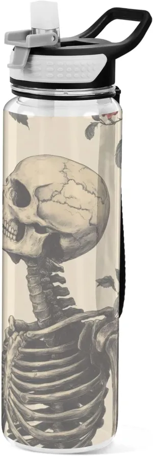 Kigai Transparent Sports Water Bottle 32oz, Skeleton Roses Leakproof Wide Mouth Water Bottle with Straw, BPA Free Water Jug with Detachable Strap & Handle for Fitness Gym Outdoor