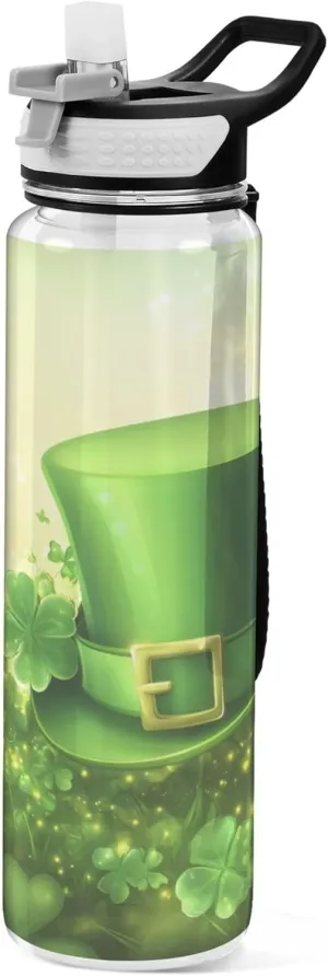 Kigai Transparent Sports Water Bottle 32oz, St. Patrick Hat Leakproof Wide Mouth Water Bottle with Straw, BPA Free Water Jug with Detachable Strap & Handle for Fitness Gym Outdoor