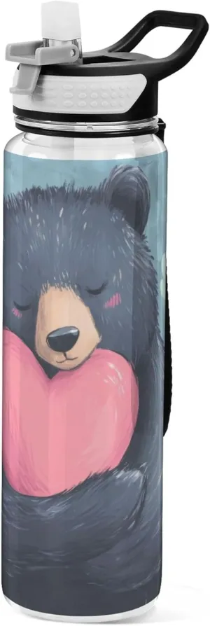 Kigai Transparent Sports Water Bottle 32oz, Valentine Bear Hold Heart Leakproof Wide Mouth Water Bottle with Straw, BPA Free Water Jug with Detachable Strap & Handle for Fitness Gym Outdoor