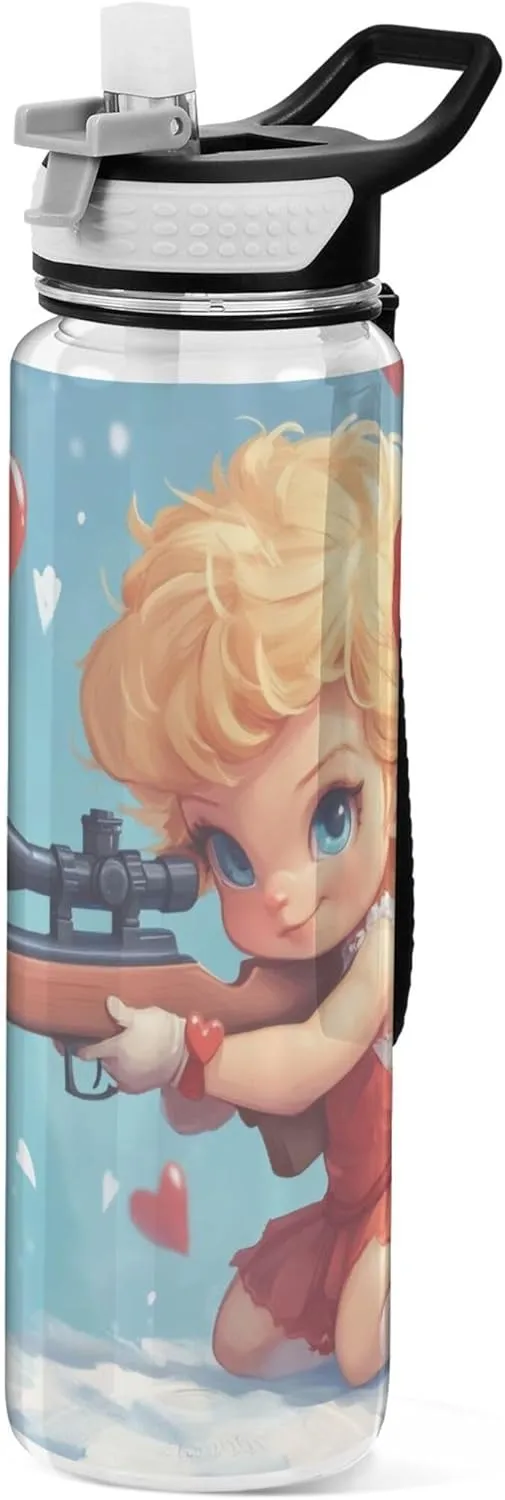 Kigai Transparent Sports Water Bottle 32oz, Valentine Cupid Leakproof Wide Mouth Water Bottle with Straw, BPA Free Water Jug with Detachable Strap & Handle for Fitness Gym Outdoor