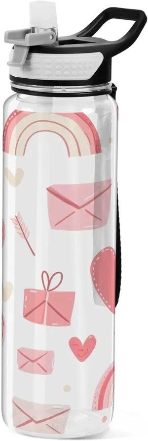 Kigai Transparent Sports Water Bottle 32oz, Valentine's Day Hearts Leakproof Wide Mouth Water Bottle with Straw, BPA Free Water Jug with Detachable Strap & Handle for Fitness Gym Outdoor