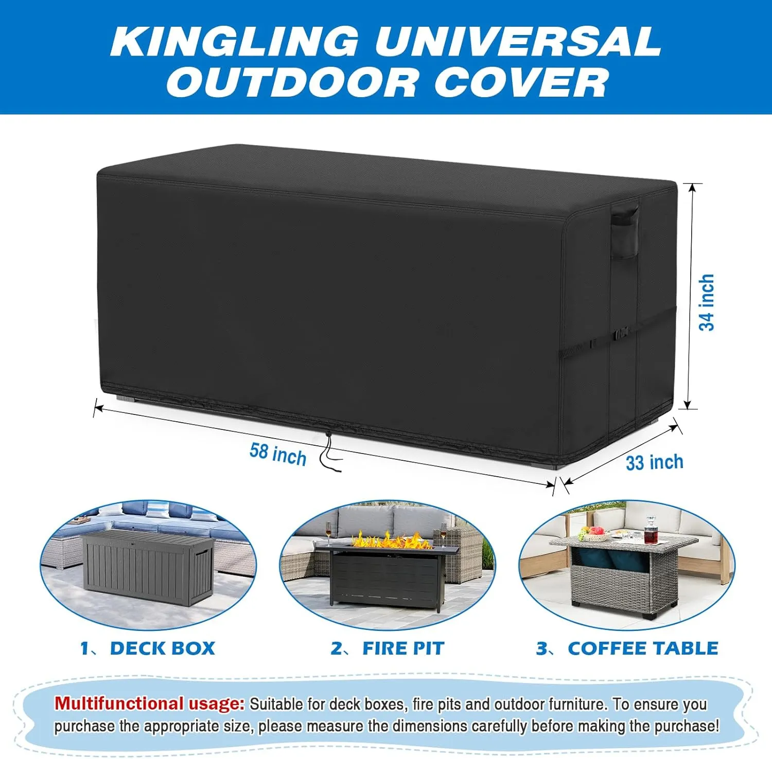 Kingling Deck Box Cover, Outdoor Storage Box Cover for Keter XXL 230 Gallon Deck Box Waterproof Outside Storage Bench Deck Boxes Covers Black (58" L x 33" W x 34" H)