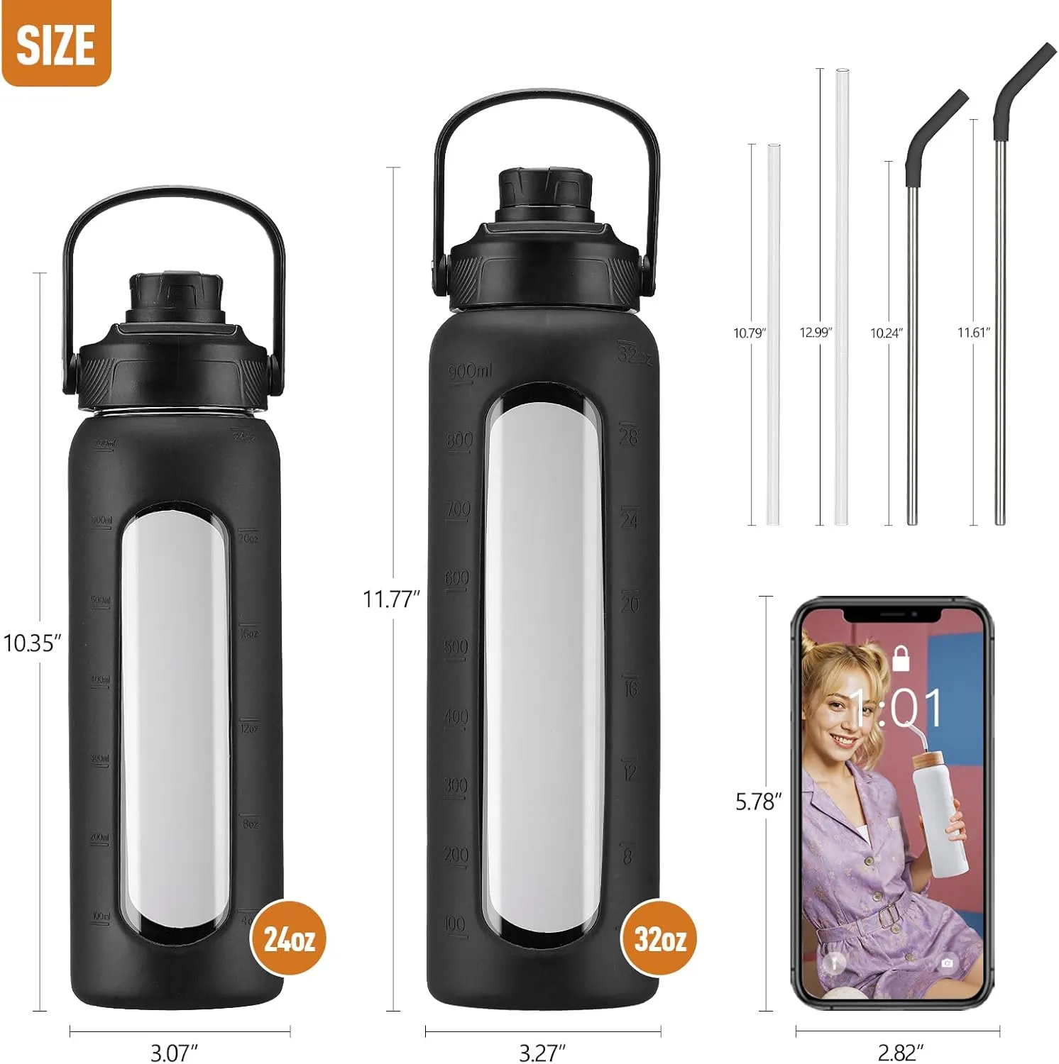 Kodrine Water Bottle with Straw, 24 oz Glass water Bottle with 2 Lids Bamboo Straw Lid and Spout Lid with Handle, 32 oz Clear Water Bottle Glass for Sports Travel, Waterbottle with Time Marker