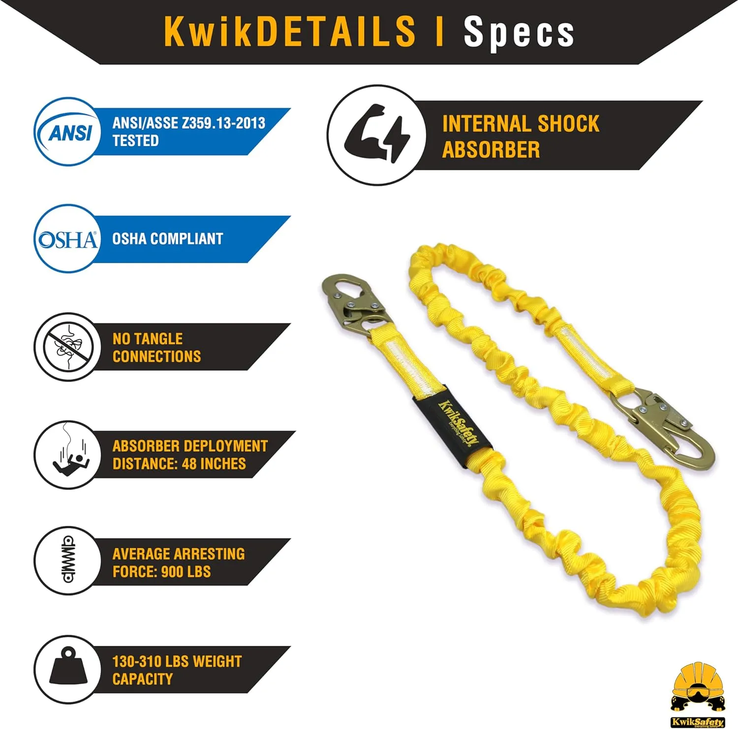 KwikSafety - Charlotte, NC - Rattler [4 Pack] Internal Shock Absorber Single Leg 6ft Safety Lanyard OSHA ANSI Fall Arrest Protection Equipment Snap Hooks Construction Arborist Roofing
