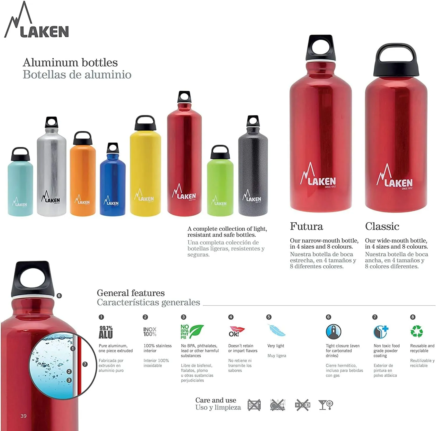 Laken Classic Aluminum Water Bottle, Wide Mouth with Screw Cap and Loop, BPA Free, Made in Spain, 34oz, Turquoise