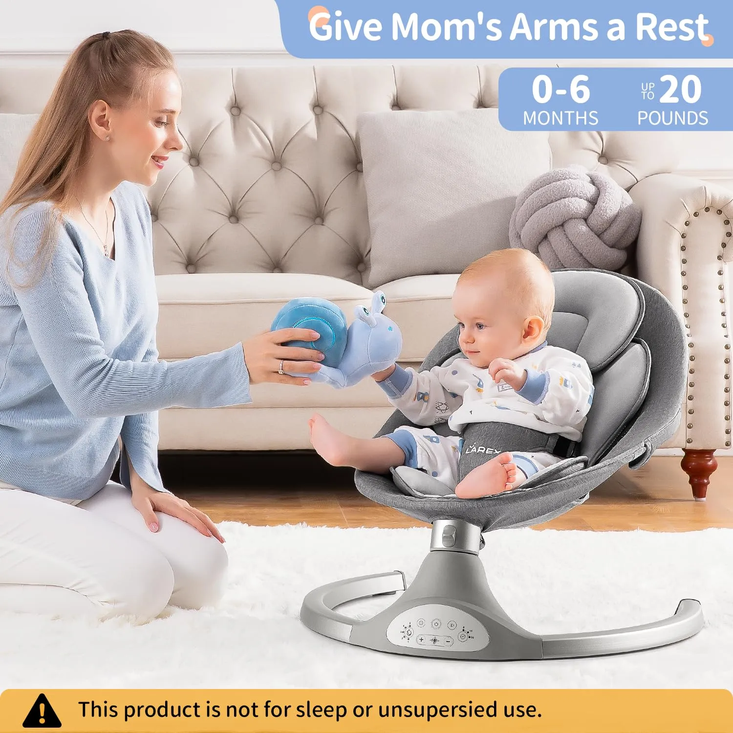 LAREX Baby Swing Infant Swing Electric Toddler Baby Rocker Portable for Newborn Boy Girl, 5 Sway Speeds with Remote Control, 10 Preset Melodies and Bluetooth, 0-6 Months Max 20 Lbs (Gray)